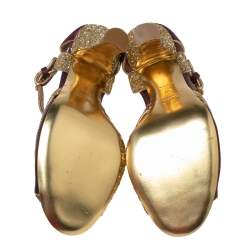 Miu Miu Gold/Purple  Satin  And Glitter Crystal Embellished T Strap Sandals Size 40