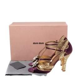 Miu Miu Gold/Purple  Satin  And Glitter Crystal Embellished T Strap Sandals Size 40
