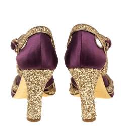Miu Miu Gold/Purple  Satin  And Glitter Crystal Embellished T Strap Sandals Size 40