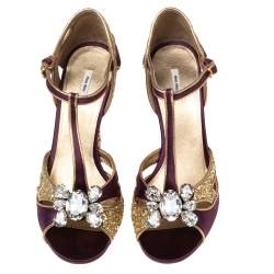 Miu Miu Gold/Purple  Satin  And Glitter Crystal Embellished T Strap Sandals Size 40