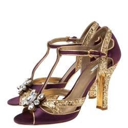 Miu Miu Gold/Purple  Satin  And Glitter Crystal Embellished T Strap Sandals Size 40