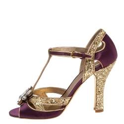 Miu Miu Gold/Purple  Satin  And Glitter Crystal Embellished T Strap Sandals Size 40