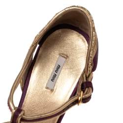 Miu Miu Gold/Purple  Satin  And Glitter Crystal Embellished T Strap Sandals Size 40