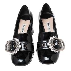 Pre Owned حذاء لوفرز كعب عالي ميو ميو جلد أسود لامع مزخرف كريستال بإبزيم مقاس 37