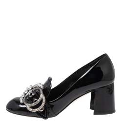 Pre Owned حذاء لوفرز كعب عالي ميو ميو جلد أسود لامع مزخرف كريستال بإبزيم مقاس 37