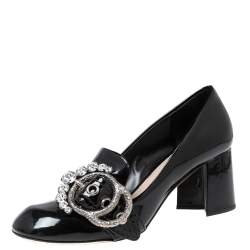 Pre Owned حذاء لوفرز كعب عالي ميو ميو جلد أسود لامع مزخرف كريستال بإبزيم مقاس 37