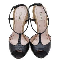 Miu Miu Black Lizard Embossed Leather Wedge T Strap Sandals Size 36