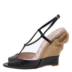 Miu Miu Black Lizard Embossed Leather Wedge T Strap Sandals Size 36