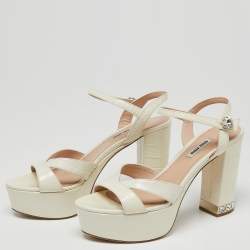 Miu Miu Off-White Croc Embossed Leather Crystal Embellished Block Heel Platform Sandals Size 38.5