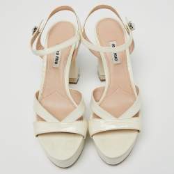 Miu Miu Off-White Croc Embossed Leather Crystal Embellished Block Heel Platform Sandals Size 38.5
