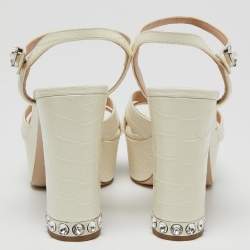 Miu Miu Off-White Croc Embossed Leather Crystal Embellished Block Heel Platform Sandals Size 38.5