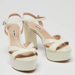 Miu Miu Off-White Croc Embossed Leather Crystal Embellished Block Heel Platform Sandals Size 38.5