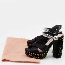 Miu Miu Black Satin Crystal Embellished Criss Cross Platform Ankle Strap Sandals Size 36