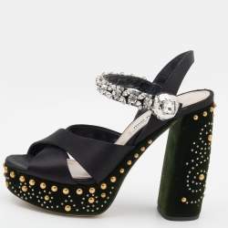Miu Miu Black Satin Crystal Embellished Criss Cross Platform Ankle Strap Sandals Size 36