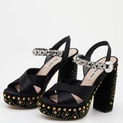 Miu Miu Black Satin Crystal Embellished Criss Cross Platform Ankle Strap Sandals Size 36