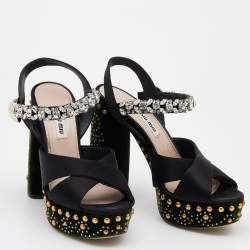 Miu Miu Black Satin Crystal Embellished Criss Cross Platform Ankle Strap Sandals Size 36