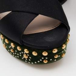 Miu Miu Black Satin Crystal Embellished Criss Cross Platform Ankle Strap Sandals Size 36