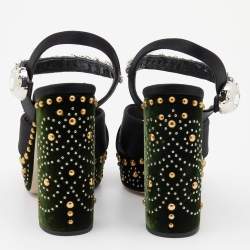 Miu Miu Black Satin Crystal Embellished Criss Cross Platform Ankle Strap Sandals Size 36
