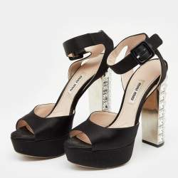Pre Owned Miu Miu Black Satin Embellished Heel Ankle Strap Sandals Size 36