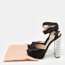 Pre Owned Miu Miu Black Satin Embellished Heel Ankle Strap Sandals Size 36