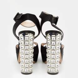 Pre Owned Miu Miu Black Satin Embellished Heel Ankle Strap Sandals Size 36