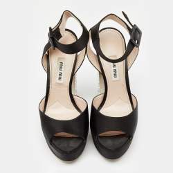Pre Owned Miu Miu Black Satin Embellished Heel Ankle Strap Sandals Size 36
