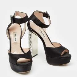 Pre Owned Miu Miu Black Satin Embellished Heel Ankle Strap Sandals Size 36