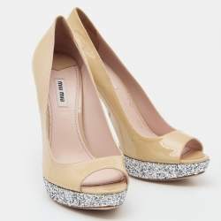 Miu Miu Beige/Silver Patent Leather and Glitter Peep Toe Platform Pumps Size 40