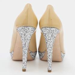 Miu Miu Beige/Silver Patent Leather and Glitter Peep Toe Platform Pumps Size 40