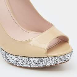 Miu Miu Beige/Silver Patent Leather and Glitter Peep Toe Platform Pumps Size 40