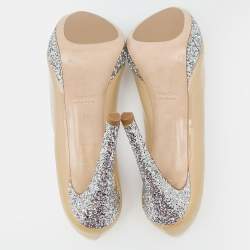 Miu Miu Beige/Silver Patent Leather and Glitter Peep Toe Platform Pumps Size 40