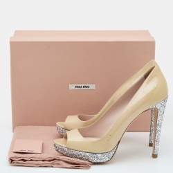 Miu Miu Beige/Silver Patent Leather and Glitter Peep Toe Platform Pumps Size 40