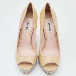 Miu Miu Beige/Silver Patent Leather and Glitter Peep Toe Platform Pumps Size 40