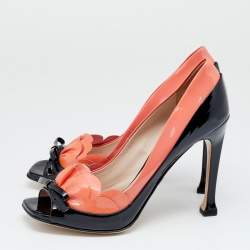 Miu Miu Black/Pink Patent Leather Bow Open Toe Pumps Size 40