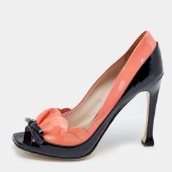 Miu Miu Black/Pink Patent Leather Bow Open Toe Pumps Size 40