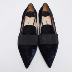 Pre Owned Miu Miu Navy Blue Velvet Bow Pointed Toe Loafers Size 40