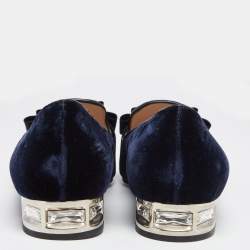 Pre Owned Miu Miu Navy Blue Velvet Bow Pointed Toe Loafers Size 40