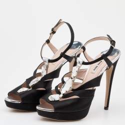 Miu Miu Black Satin Crystal Embellished Platform Ankle Strap Sandals Size 39.5
