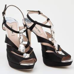 Miu Miu Black Satin Crystal Embellished Platform Ankle Strap Sandals Size 39.5