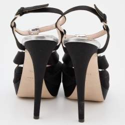 Miu Miu Black Satin Crystal Embellished Platform Ankle Strap Sandals Size 39.5