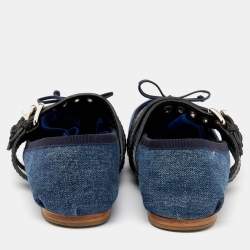 Pre Owned حذاء فلات باليه ميو ميو جلد ودنيم أزرق / أسود مزين بإبزيم مقاس 39.5