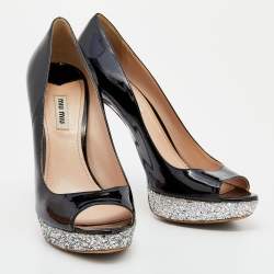 Miu Miu Black Patent Leather Glitter Peep Toe Platform Pumps Size 40