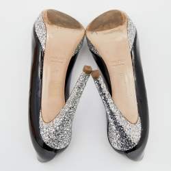 Miu Miu Black Patent Leather Glitter Peep Toe Platform Pumps Size 40