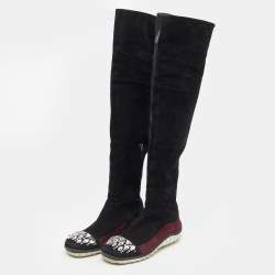 Pre Owned Miu Miu Black/Burgundy Suede Crystal Embellished Over The Knee Boots Size 39