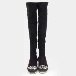 Pre Owned Miu Miu Black/Burgundy Suede Crystal Embellished Over The Knee Boots Size 39