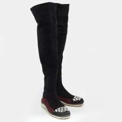 Pre Owned Miu Miu Black/Burgundy Suede Crystal Embellished Over The Knee Boots Size 39