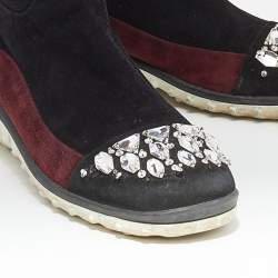 Pre Owned Miu Miu Black/Burgundy Suede Crystal Embellished Over The Knee Boots Size 39