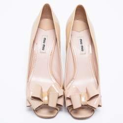 Pre Owned Miu Miu Beige Patent Leather Bow Peep Toe Pumps Size 39