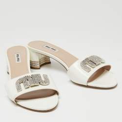 Miu Miu  White Patent Crystal Embellished Slide Sandals Size 40