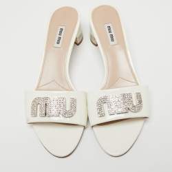 Miu Miu  White Patent Crystal Embellished Slide Sandals Size 40